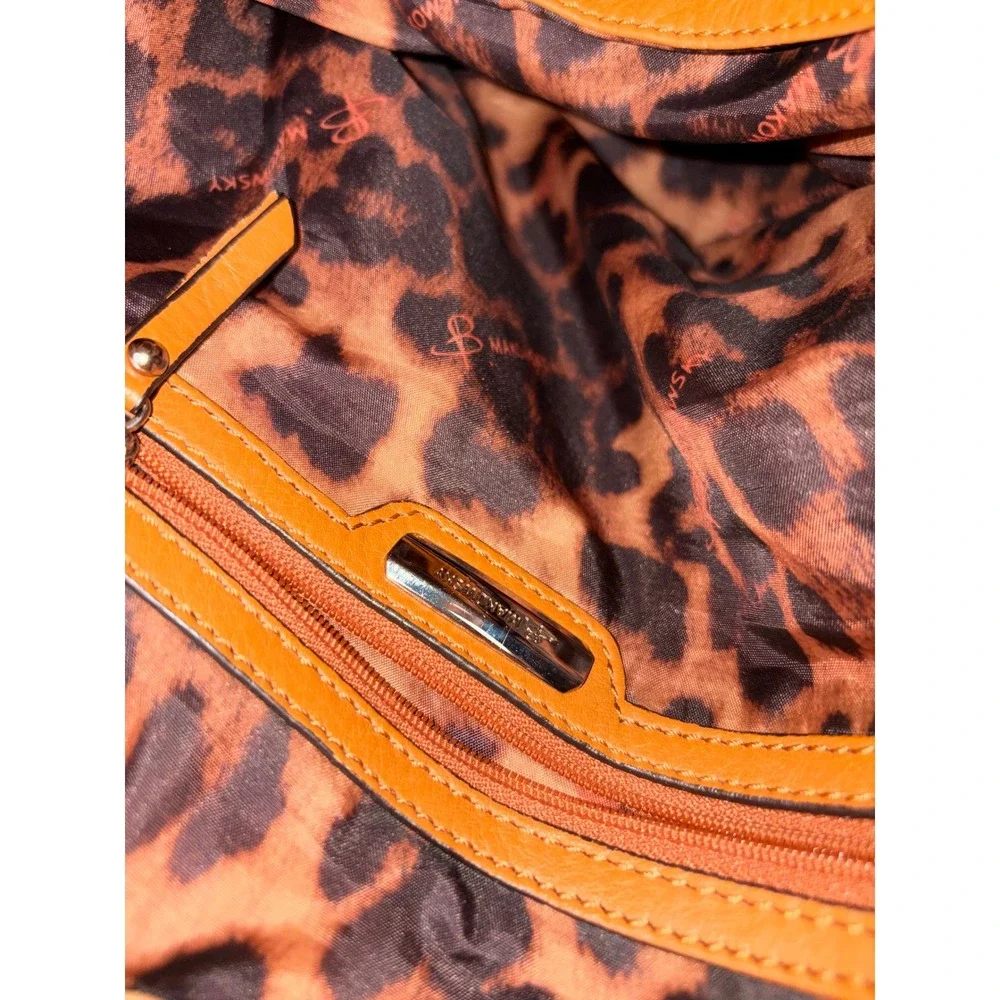 B. Makowsky Cognac Tan Pebbled Leather Chain Shoulder Bag Tote Leopard Lining - Picture 5 of 5